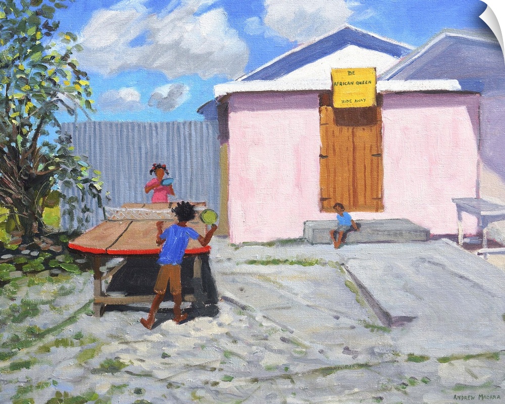 Contemporary painting of children playing ping pong.