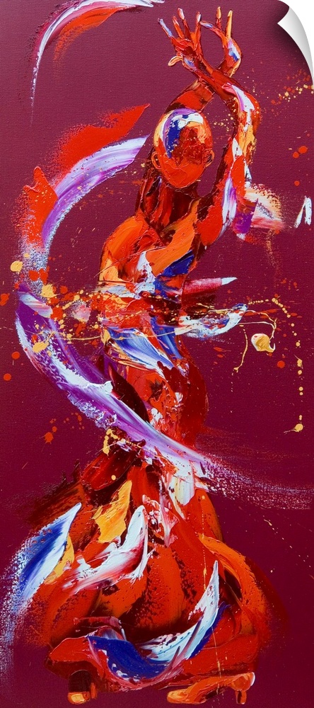 Contemporary painting using deep warm colors to create a woman dancing against a deep red background.