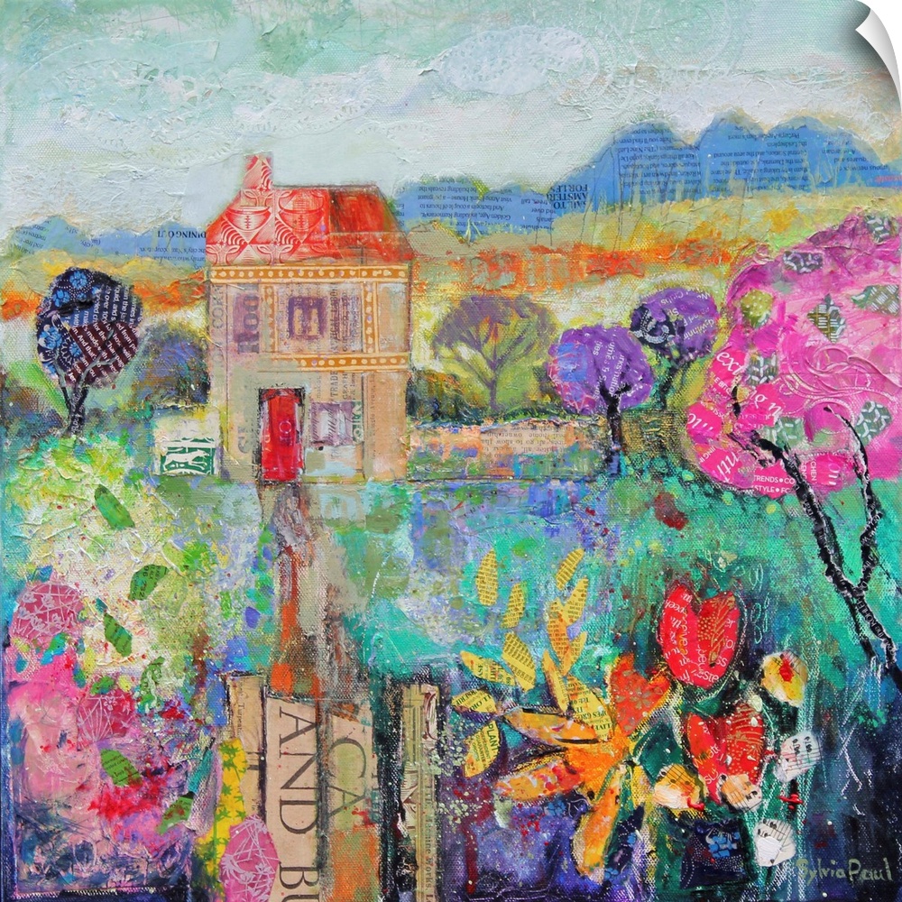 Colorful contemporary painting of a house in the countryside.