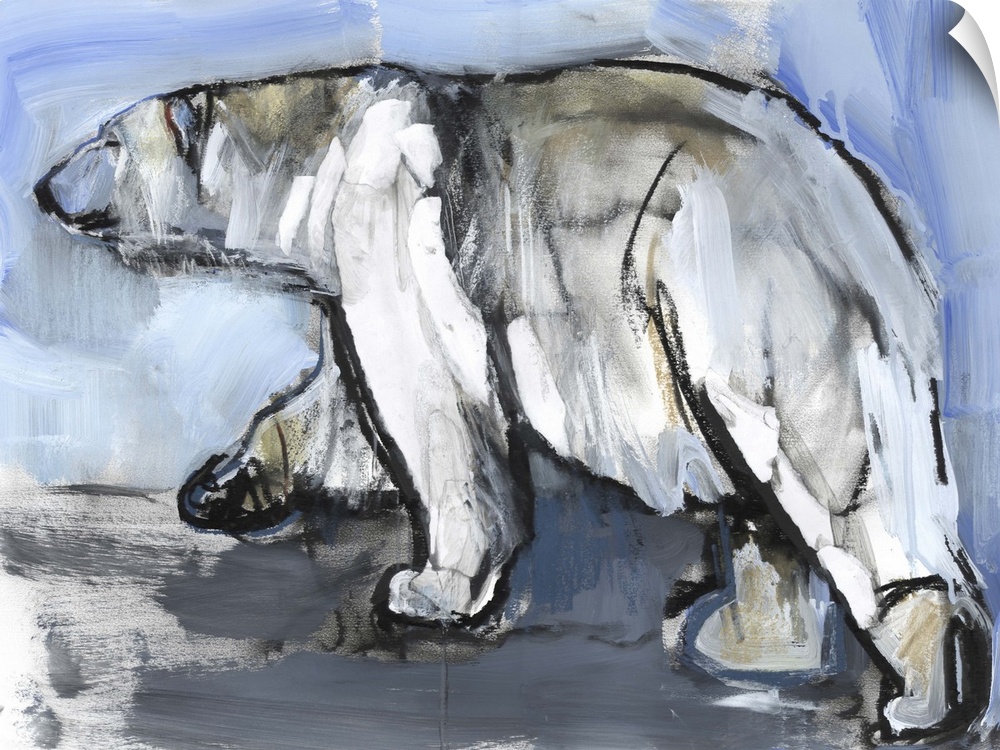 Contemporary artwork of a polar bear against a blue icy background.