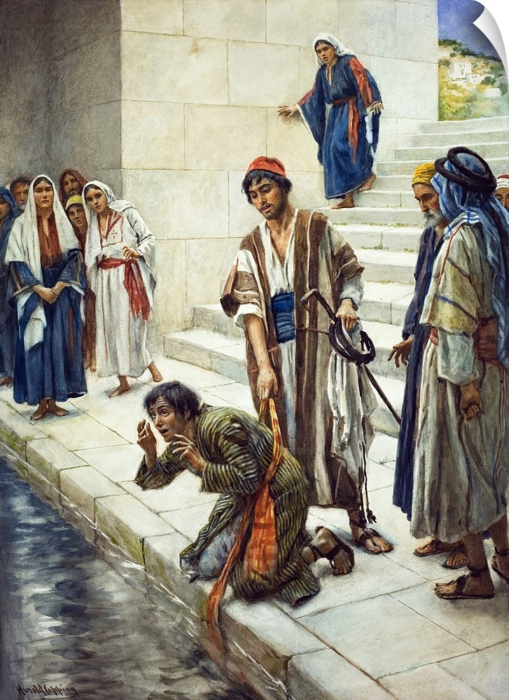 Pool. Original artwork for Look and Learn or The Bible Story.  Blind man being healed at the Pool of Siloam.