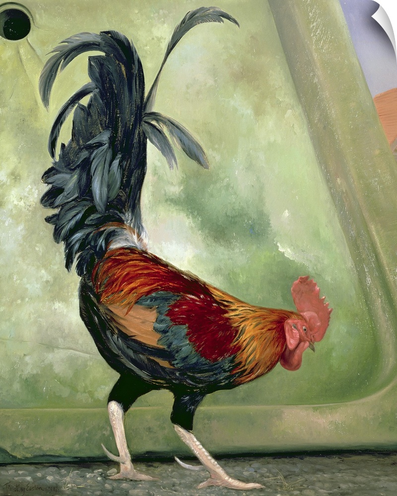 Traditional painting of a rooster with long spurs and tail feathers.