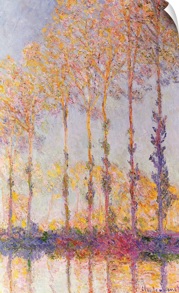 This Impressionist vertical panting makes use of a pastel color palette to capture the fading daylight on a row of trees g...
