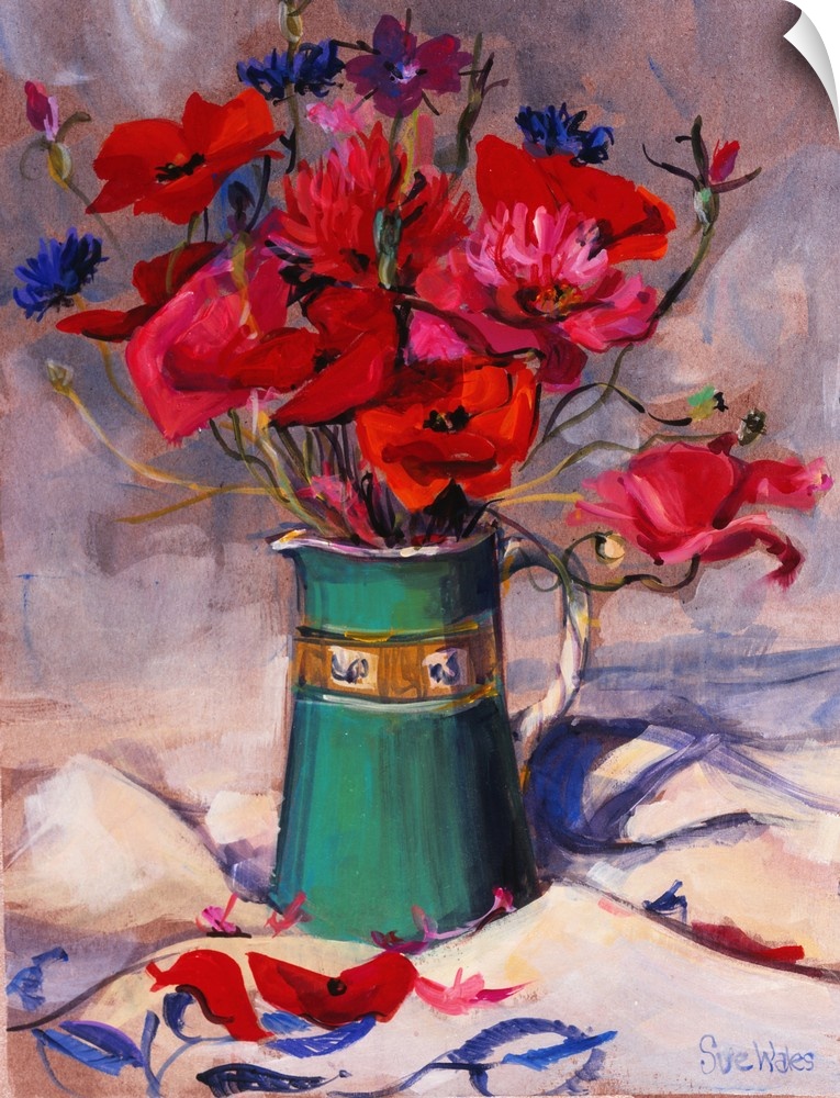 Poppies and Cornflowers in Green Jug, 1994, gouache on paper.  By Sue Wales.