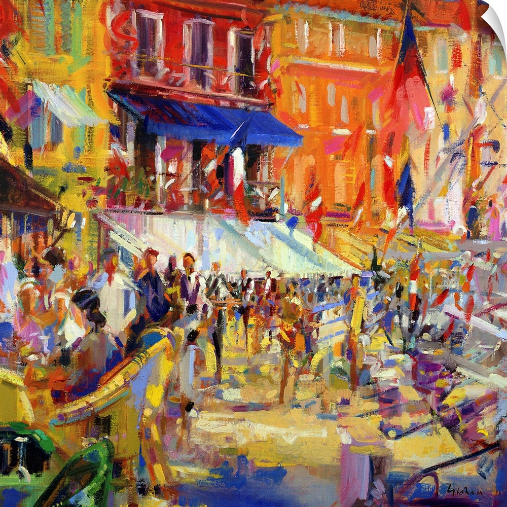 Colorful bright oil painting of street carnival with flags blowing in the wind.