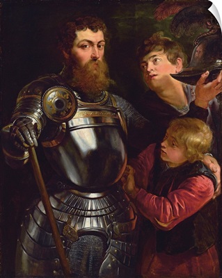 Portrait of a commander, three-quarter length, being dressed for battle (oil on panel)