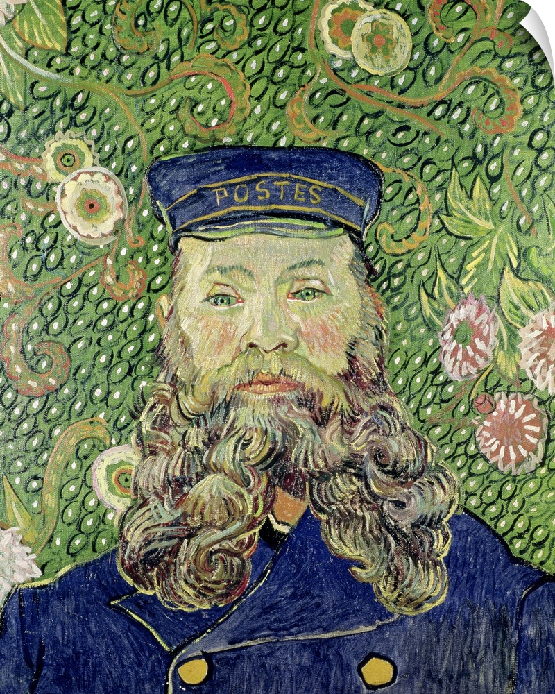 Portrait, classic painting of  a postman in uniform, with along flowing beard.  The background is a bumpy pattern with swi...