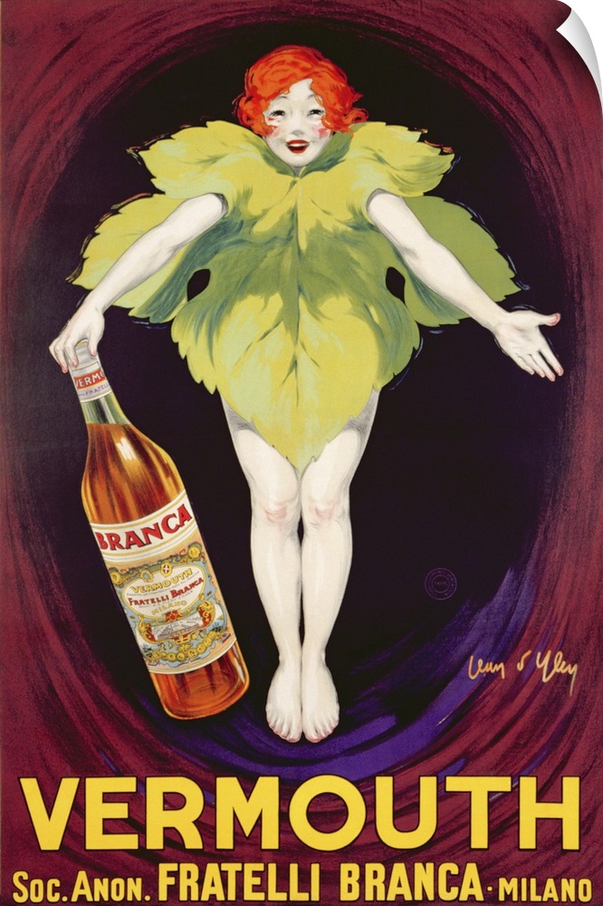 This vintage poster shows a woman wearing a life size leaf and holding a large bottle of vermouth.
