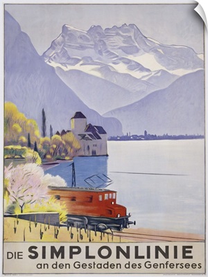 poster advertising rail travel around Lake Geneva, 1949