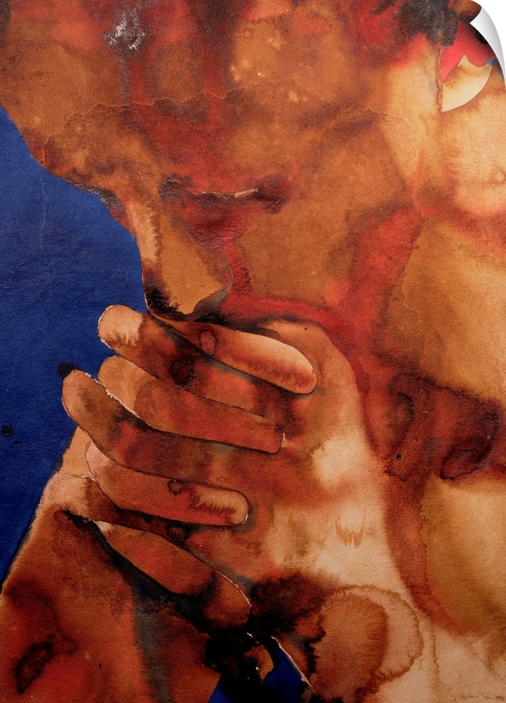 Contemporary watercolor portrait of a man holding his hands to his face.