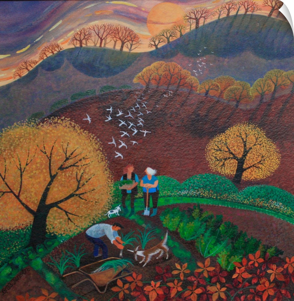 Contemporary painting of farmers harvesting leeks in autumn.