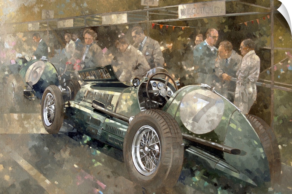 This painting wall art is a painting of a vintage Italian race car surrounded by spectators at a race in period clothing.