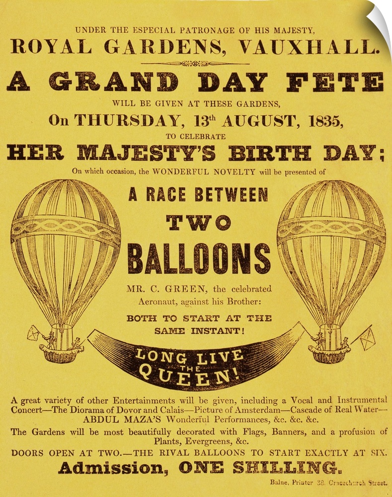 Poster publicizing a balloon race to celebrate the birthday of the Queen ( Adelaide of Saxe-Meiningen, wife of William IV)...