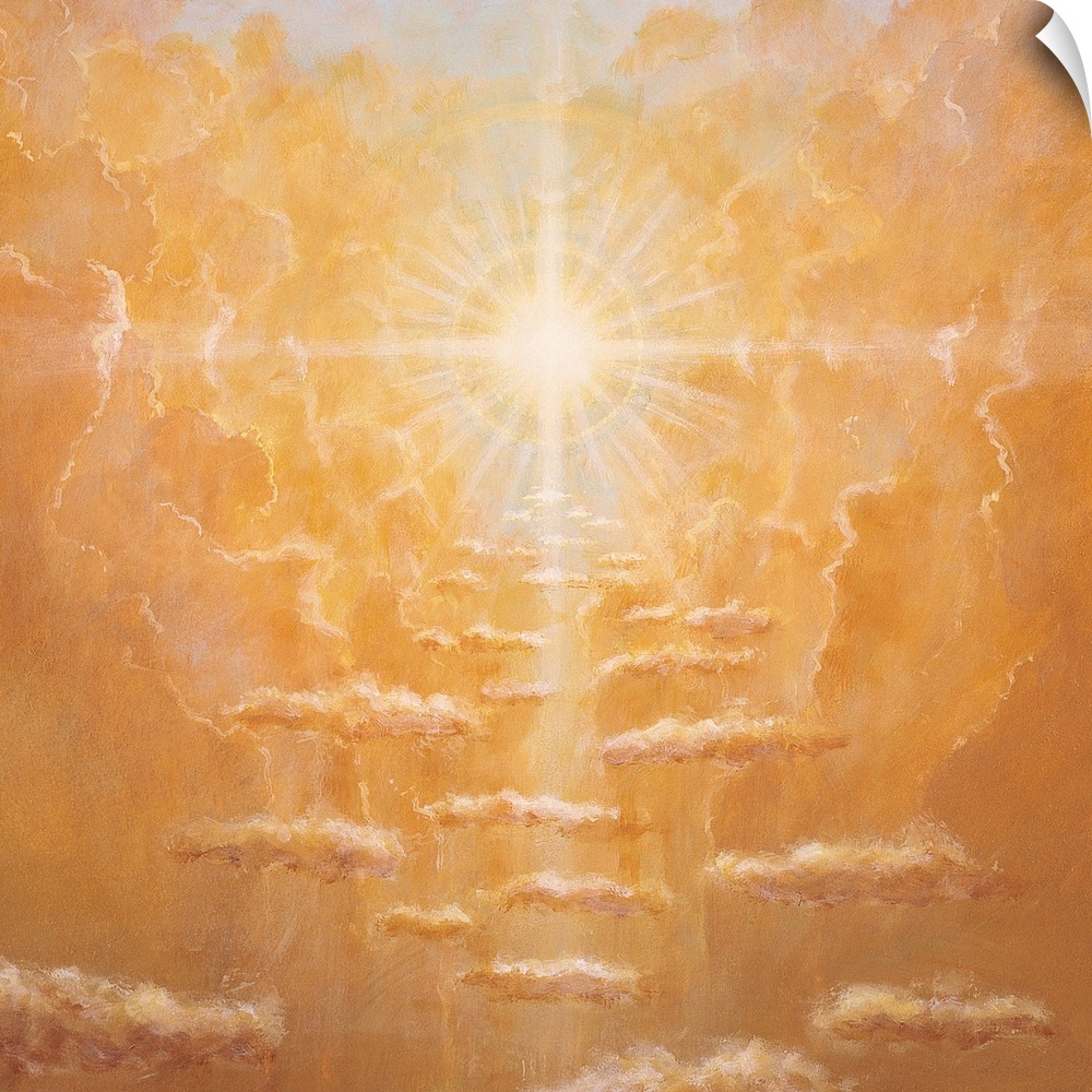 Square canvas painting of warm toned clouds in the sky with a bright sun in the middle.