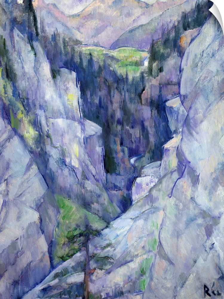 Giant classic art portrays an aerial view looking down the jagged rock faces of a mountain range scattered with trees as i...