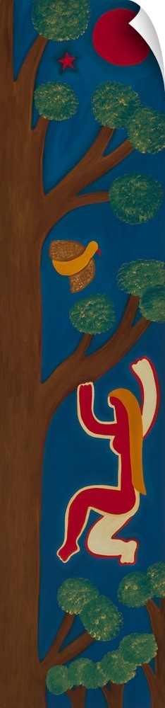 Contemporary painting of a woman climbing a tree.