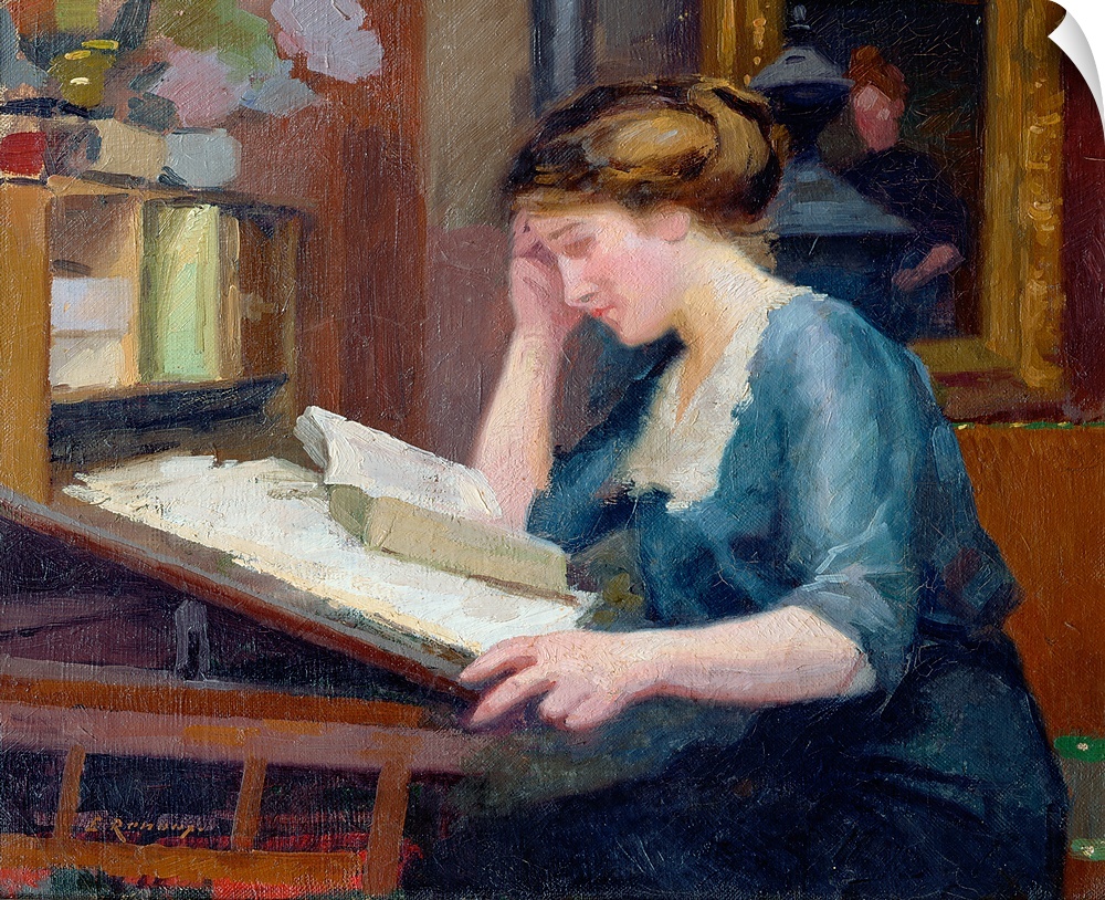 XIR164922 Reading (oil on canvas)  by Renoux, Jules Ernest (1863-1932); Private Collection; Giraudon; French, out of copyr...