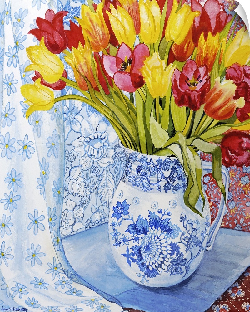 Red and yellow tulips in a Copeland jug