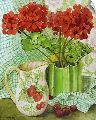 Red geranium with the strawberry jug and cherries