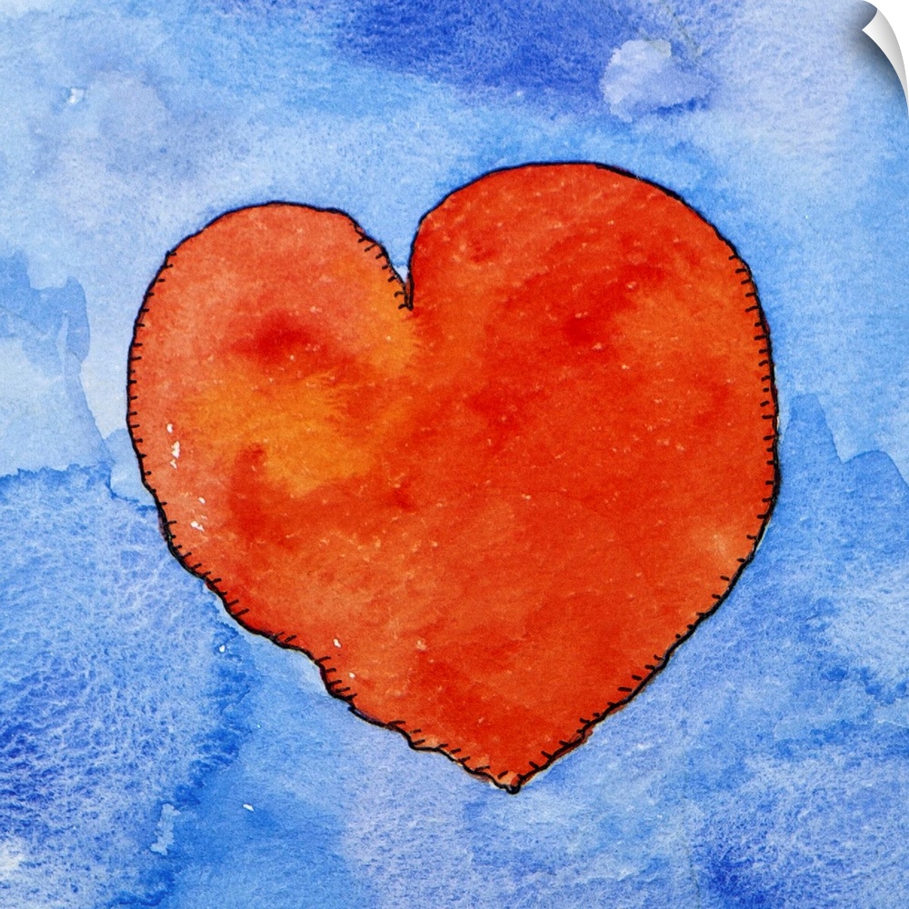 Watercolor painting of a bright red heart against a light blue background.