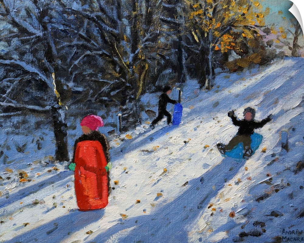Contemporary painting of children sledding down a hill in the snow.