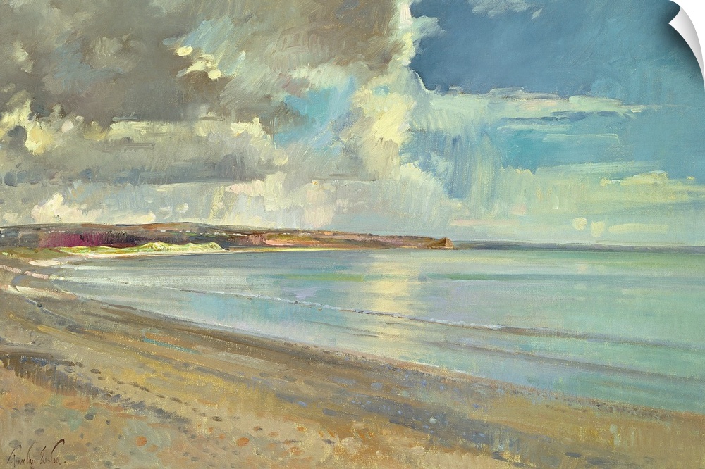 A contemporary, realistic landscape painting of a sandy beach on a partially cloud day.