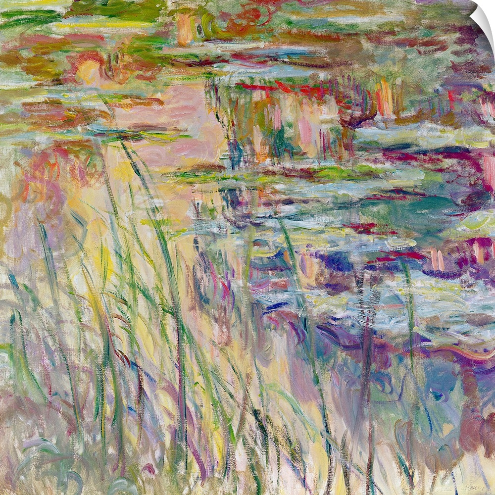 This landscape painting shows the details of plant life growing around and the surface of a garden pond.
