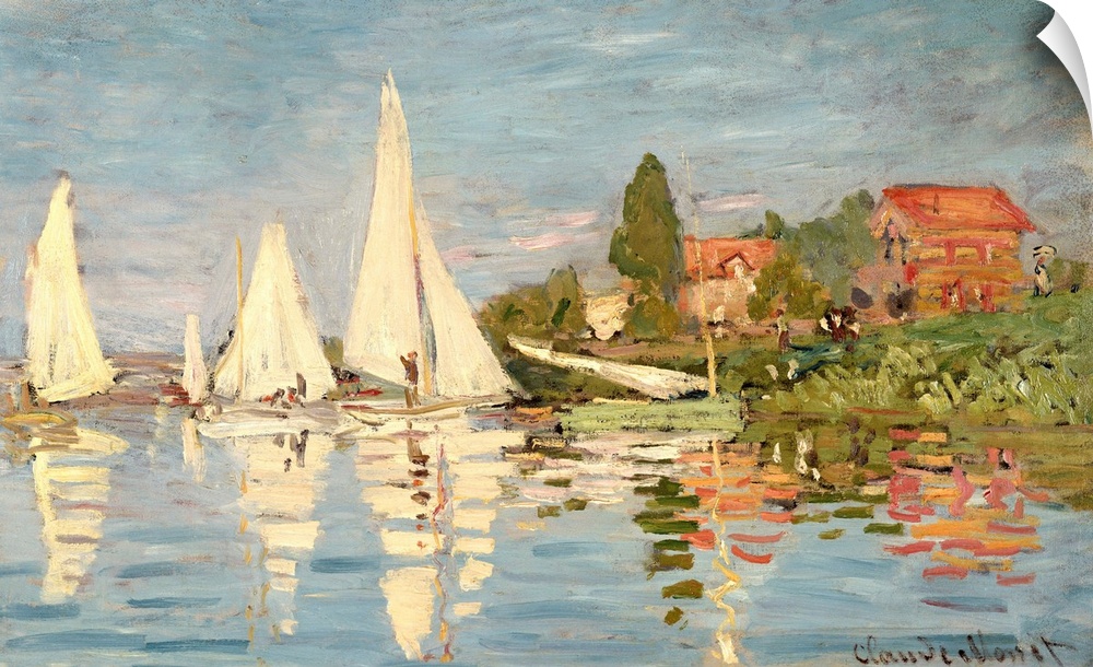 Classic painting of sail boats just off the shore in the water.  The shore is lined with trees and houses.  The sails of t...