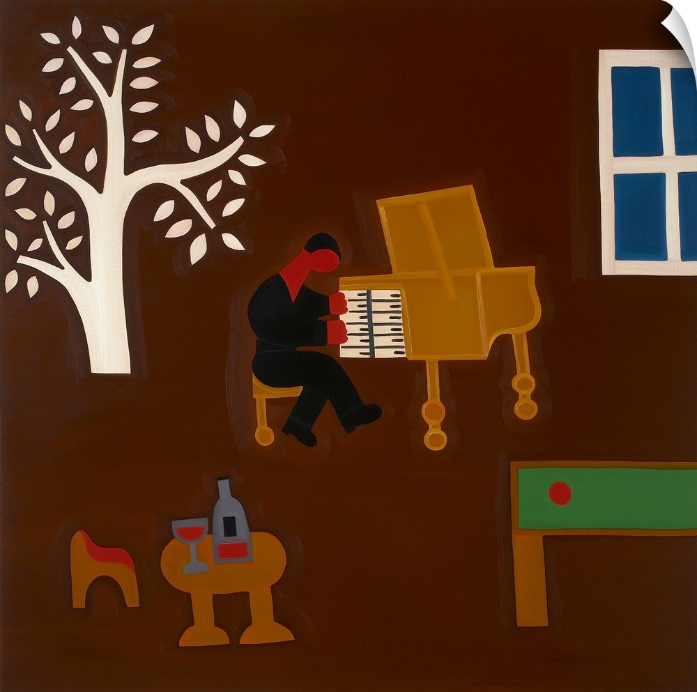 Contemporary painting of a man playing the piano in a bar.