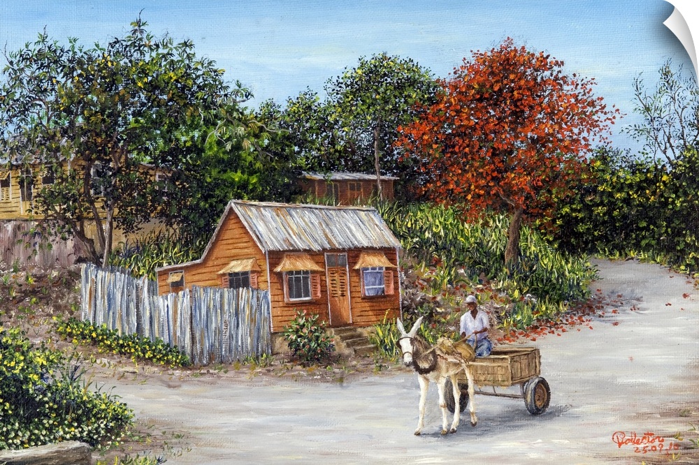 An oil painting of small huts surrounded by trees with a road in front that has a man being pulled in a cart by a mule.