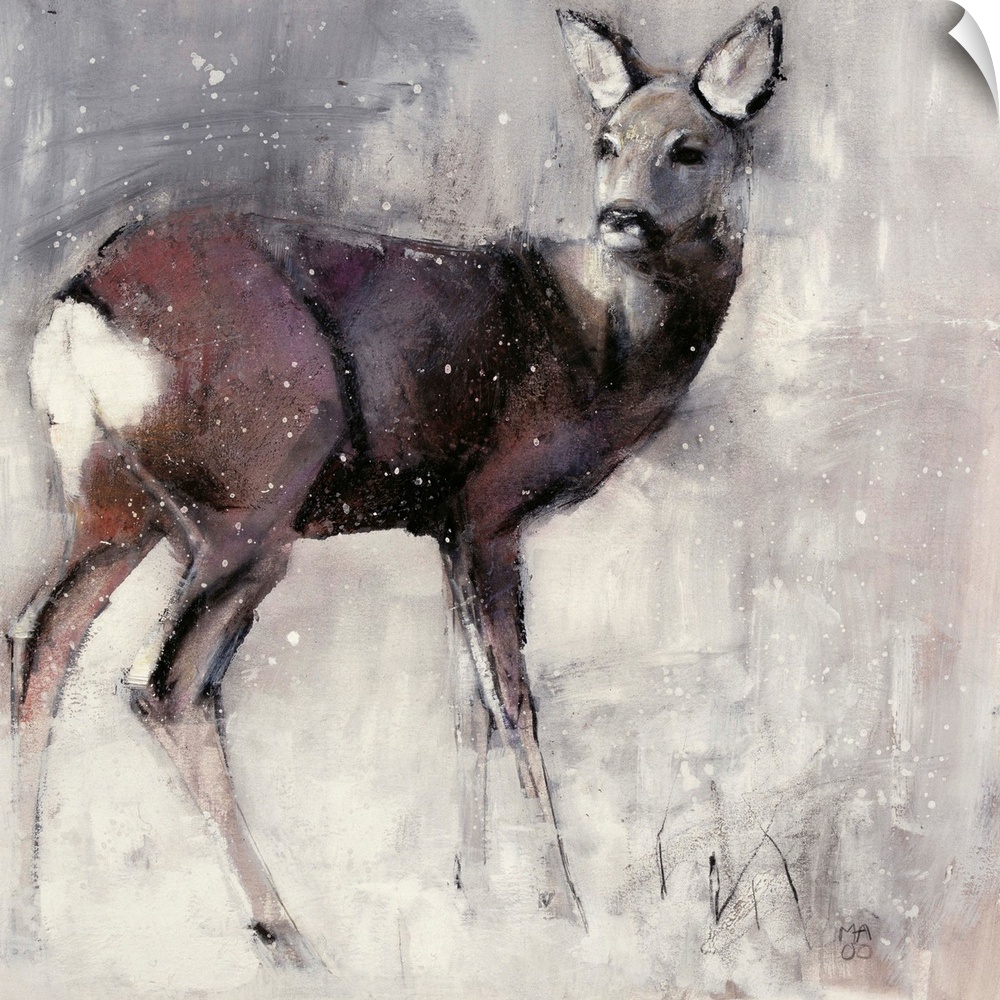 Contemporary wildlife painting of a female deer in the winter.