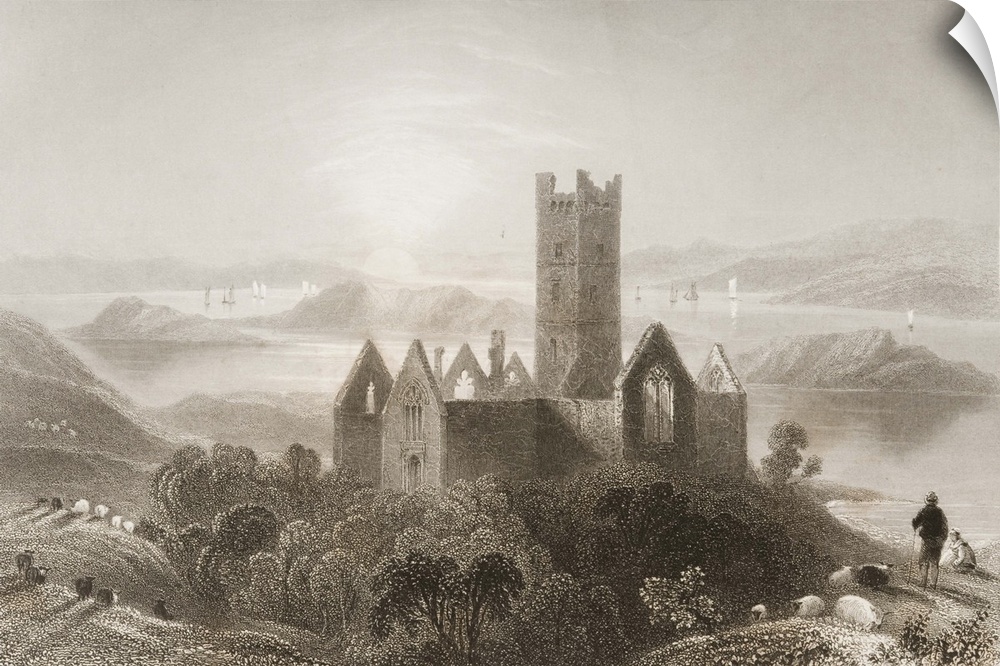 Roserk Abbey, County Mayo, Ireland, from 'Scenery and Antiquities of Ireland' by George Virtue, 1860s