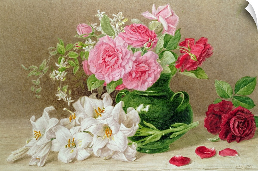 Traditional watercolor painting of flowers in a vase surrounded by additional flowers and petals sitting on a table.