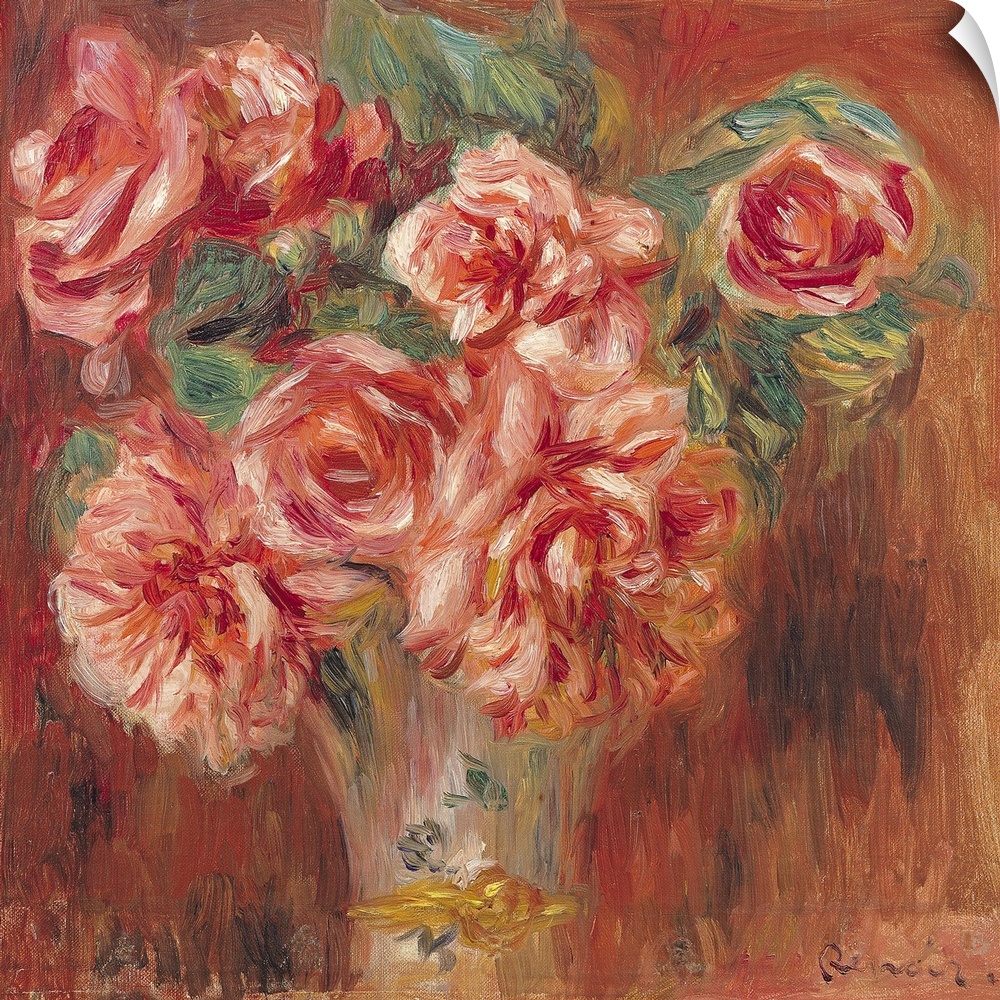 Giant, landscape, classic floral painting of large, full roses and leaves in a vase, on a  warm background.