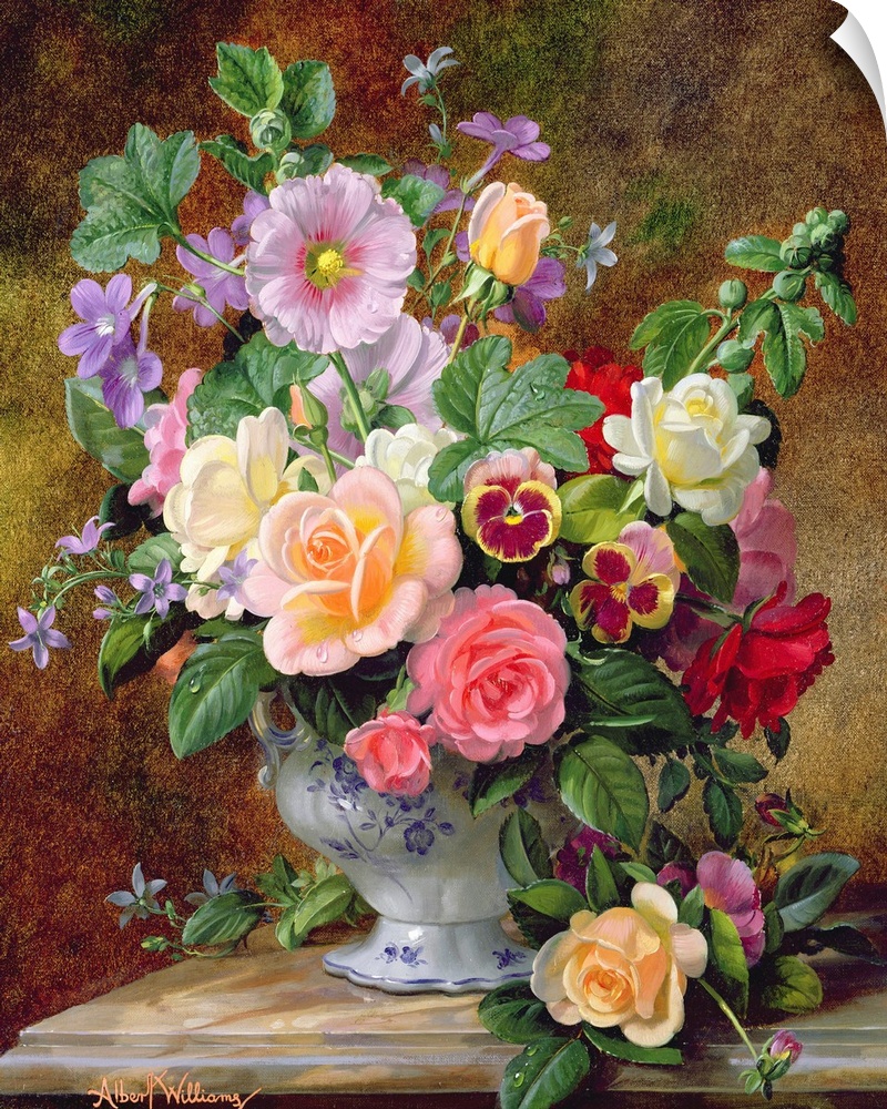 A colorful 17th century still life by a Flemish painter that shows of pansies and roses arranged in a porcelain vase.