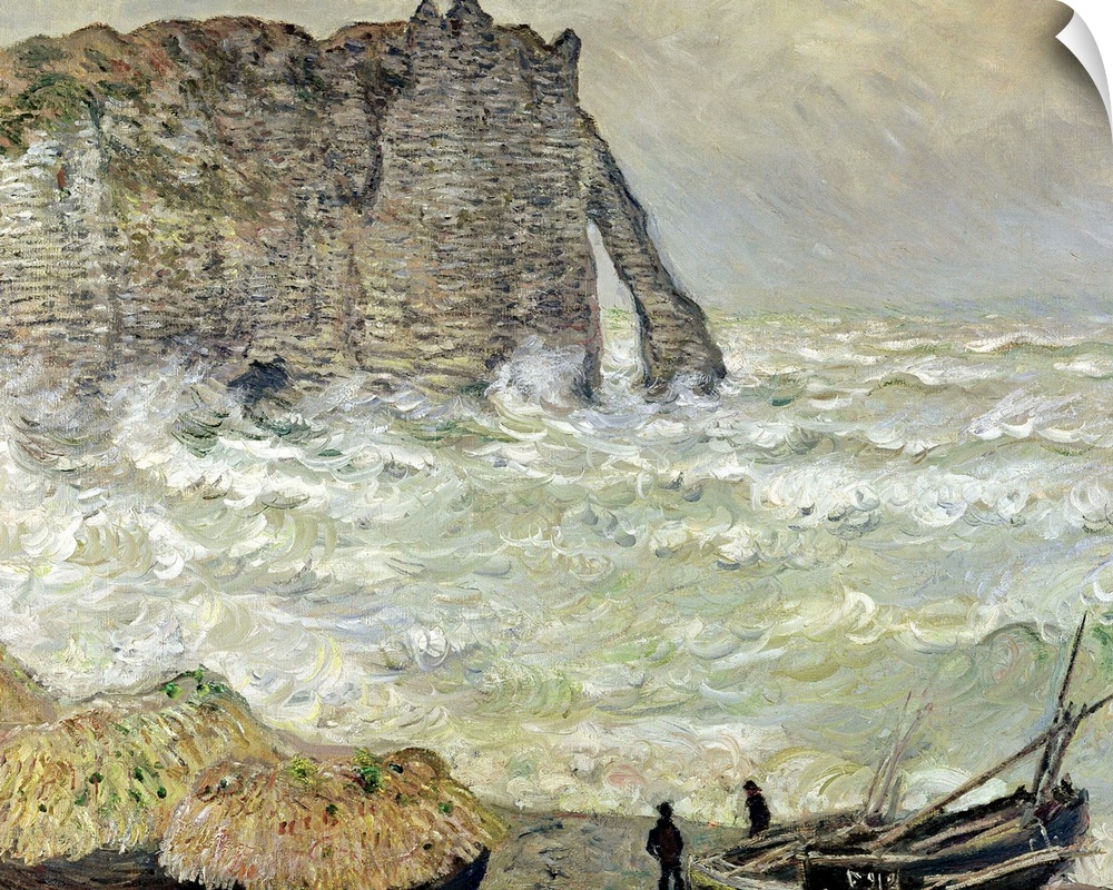 A painting by Claude Monet of two men standing by beached boats as rough waves pound the beach and a cliff in the distance.