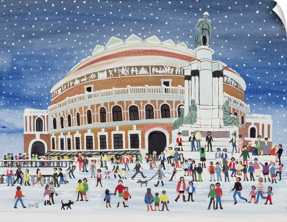 Contemporary painting of people outside a theater in the winter.