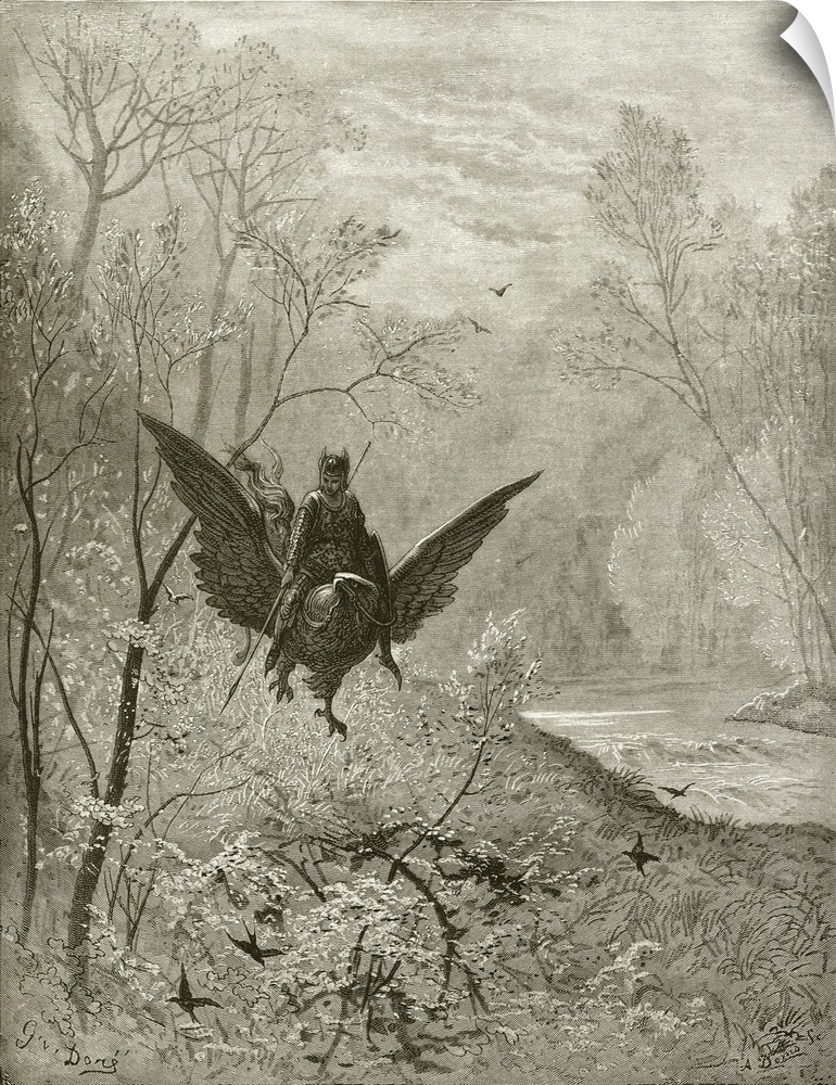 Ruggiero on the Hippogriff. (Originally an engraving.) By Dore, Gustave (1832-83).