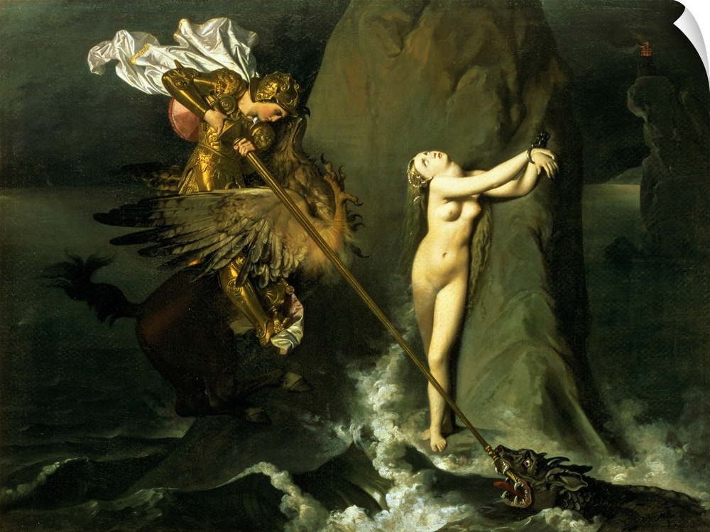 XIR59757 Ruggiero Rescuing Angelica, 1819 (oil on canvas); by Ingres, Jean Auguste Dominique (1780-1867); 147x199 cm; Louv...