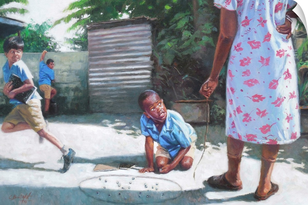 Contemporary painting of boys playing marbles in a courtyard.