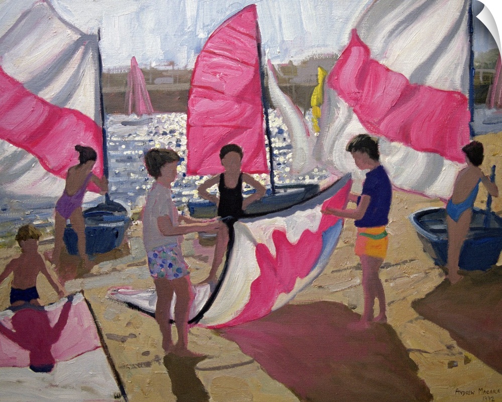 This piece of classic artwork shows several children on the beach as they attach their sails to their boats.