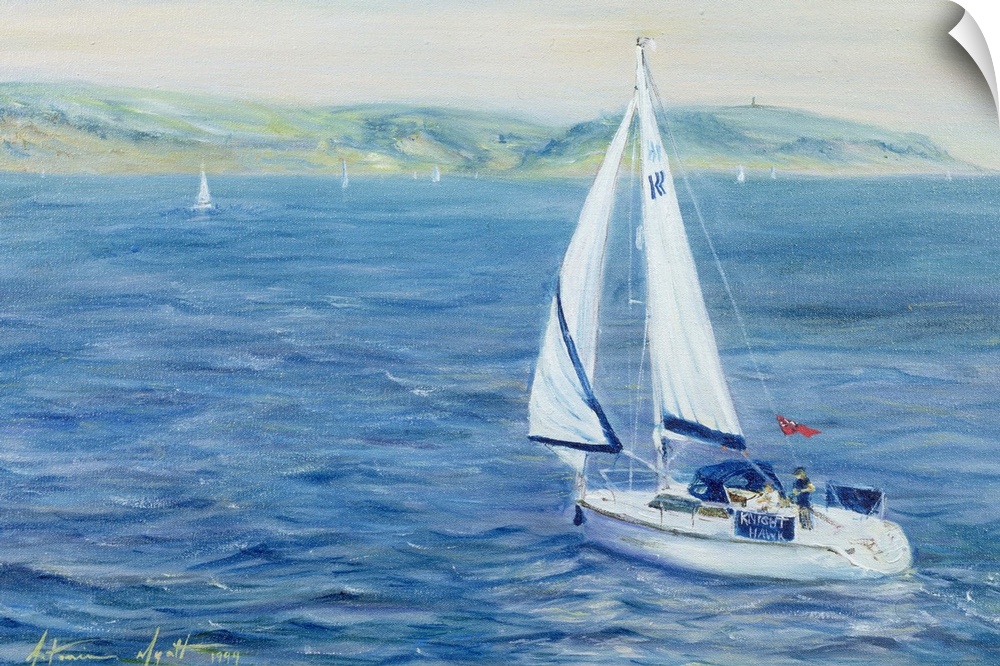 This landscape painting of a sailboat off the coast is decorative wall art for the home or office.