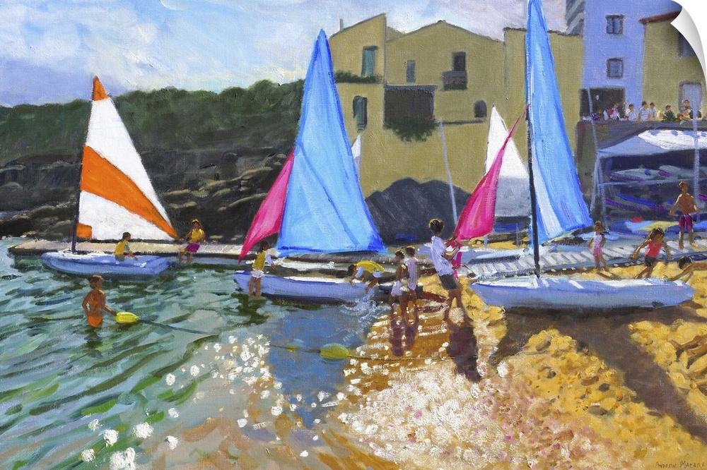 Contemporary painting of a coastal town with colorful sailboats on the shore.