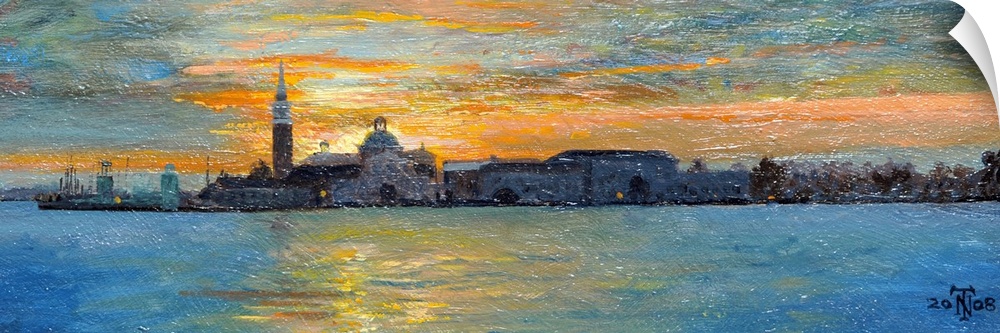 A large panoramic painting of buildings sitting on a lagoon in Italy. A sunset sky can be seen behind them.