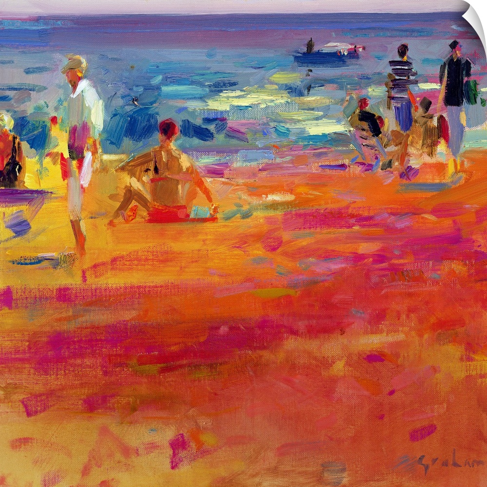 Square painting on a big wall hanging of a warm, sandy beach with a crowd of people near the waters edge, and a small boat...