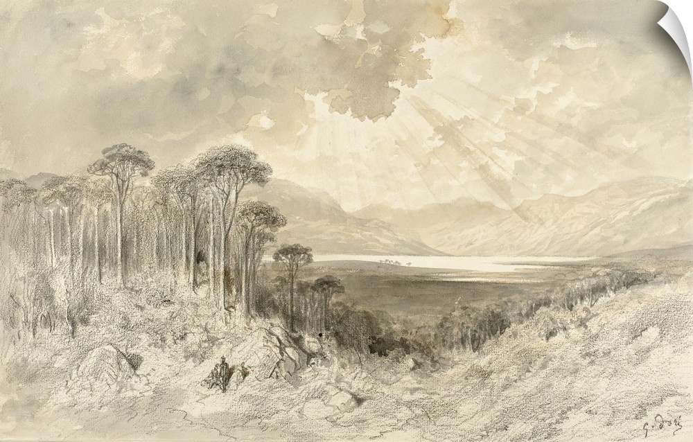 Scottish landscape, 1873, black crayon and brush and brown and grey wash, with touches of pen and black ink, on cream laid...