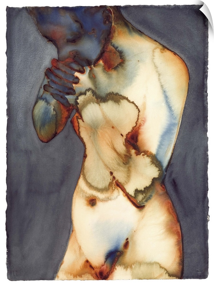 Contemporary painting of a nude figure standing against a gray background.