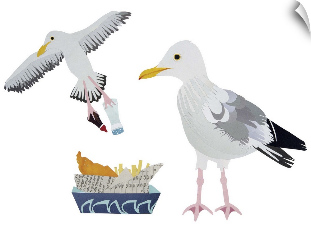 Contemporary paper cut illustration of a gull against a white background, with a flying gull stealing food from a basket.