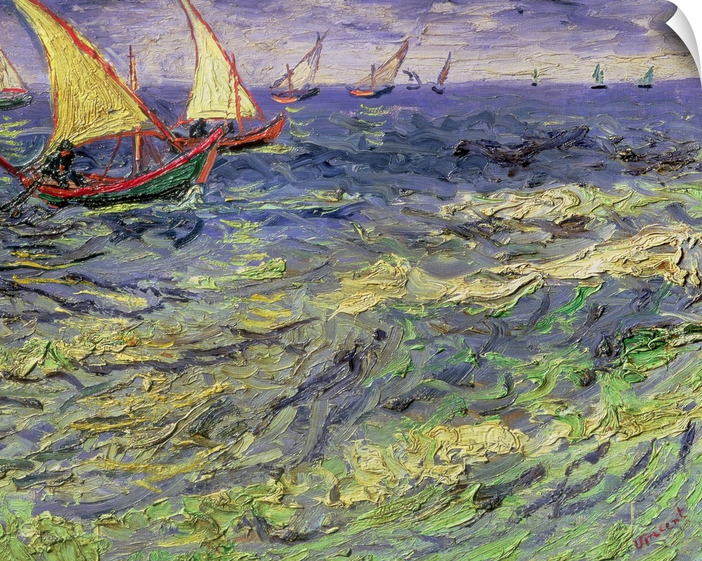 Painting of sailboats on a rough ocean with waves under a cloudy sky.