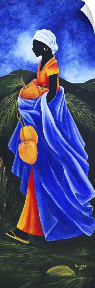 Contemporary painting of a woman collecting coconut.